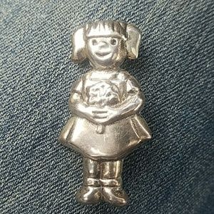 2" tall Sterling Silver Little Girl w Flowers Pin